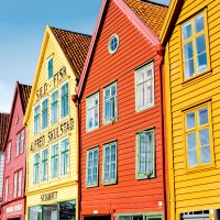 Hanseshäuser in Bergen bei Sonne